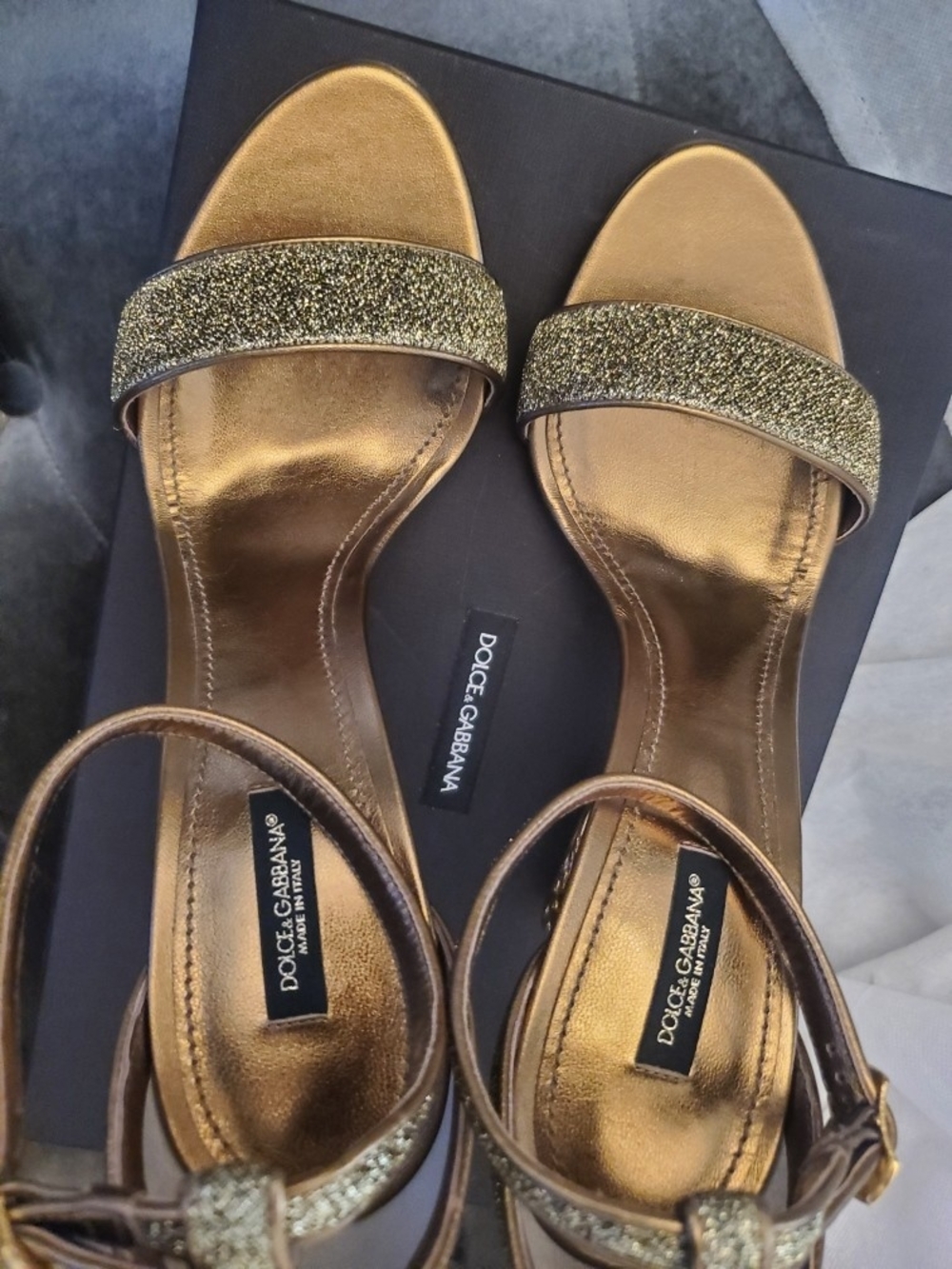 Dolce & Gabbana Metallic Gold Glitter Strap Sandals